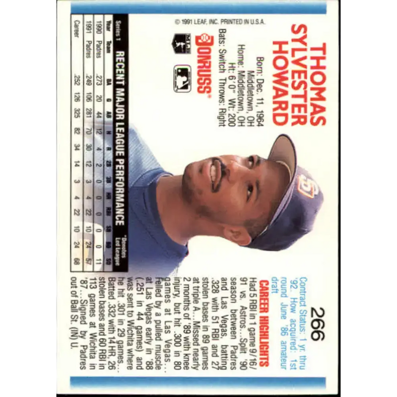 1992 Donruss #266 Thomas Howard NM-MT San Diego Padres Baseball Card - Baseball Card Single
