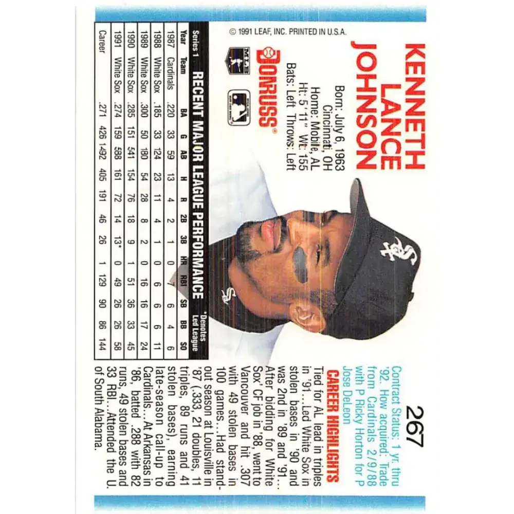 1992 Donruss #267 Lance Johnson NM-MT Chicago White Sox Baseball Card - Baseball Card Single