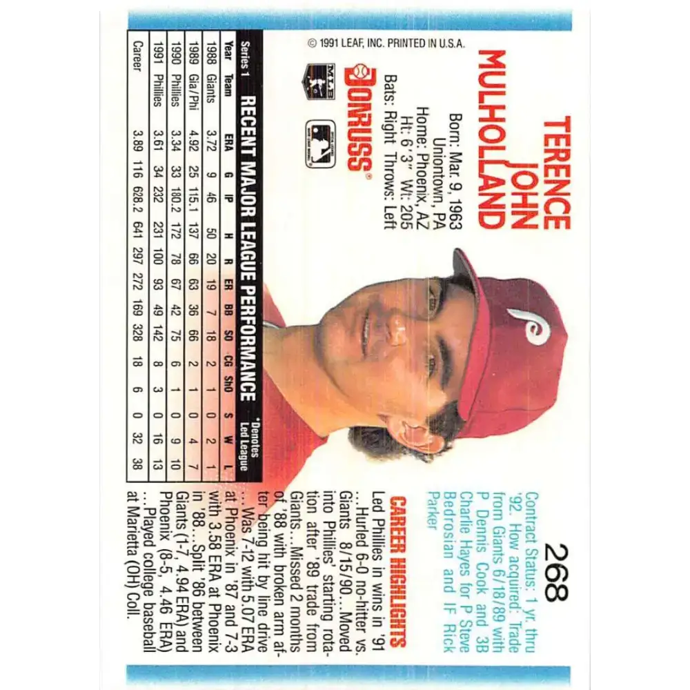 1992 Donruss #268 Terry Mulholland NM-MT Philadelphia Phillies Baseball Card - Baseball Card Single