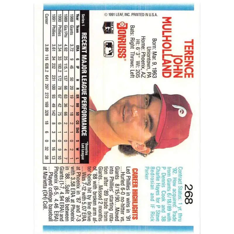 1992 Donruss #268 Terry Mulholland NM-MT Philadelphia Phillies Baseball Card - Baseball Card Single
