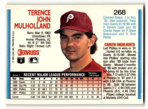 1992 Donruss #268 Terry Mulholland Philadelphia Phillies Baseball Ca ID:59132 - Baseball Card Single