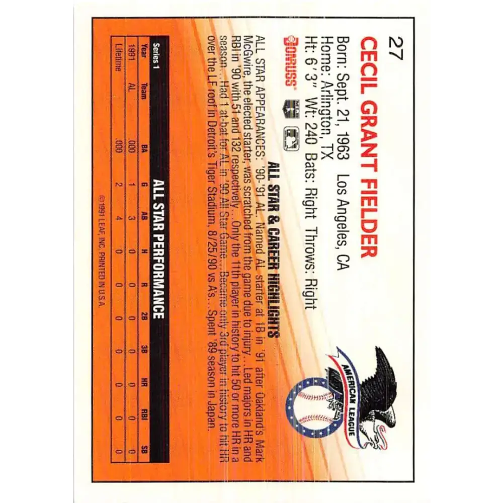 1992 Donruss #27 Cecil Fielder AS NM-MT Detroit Tigers Baseball Card - Baseball Card Single