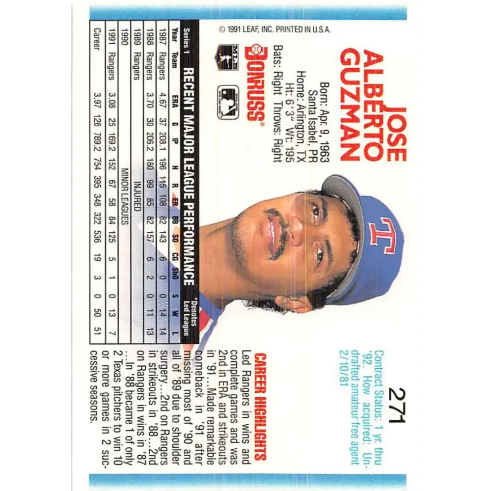 1992 Donruss #271 Jose Guzman NM-MT Texas Rangers Baseball Card - Baseball Card Single