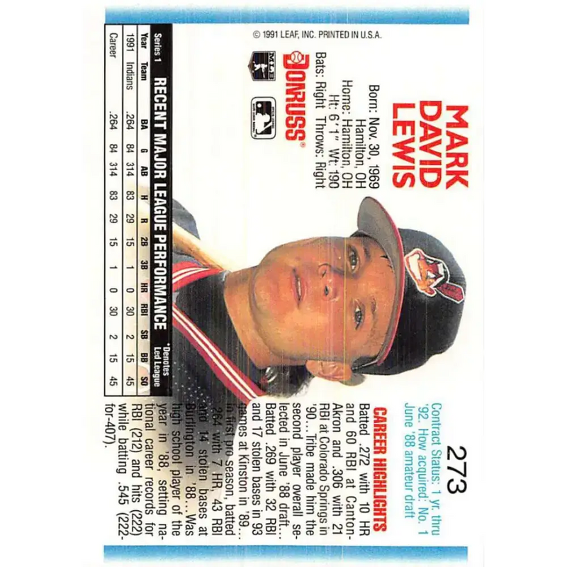 1992 Donruss #273 Mark Lewis NM-MT Cleveland Indians Baseball Card - Baseball Card Single