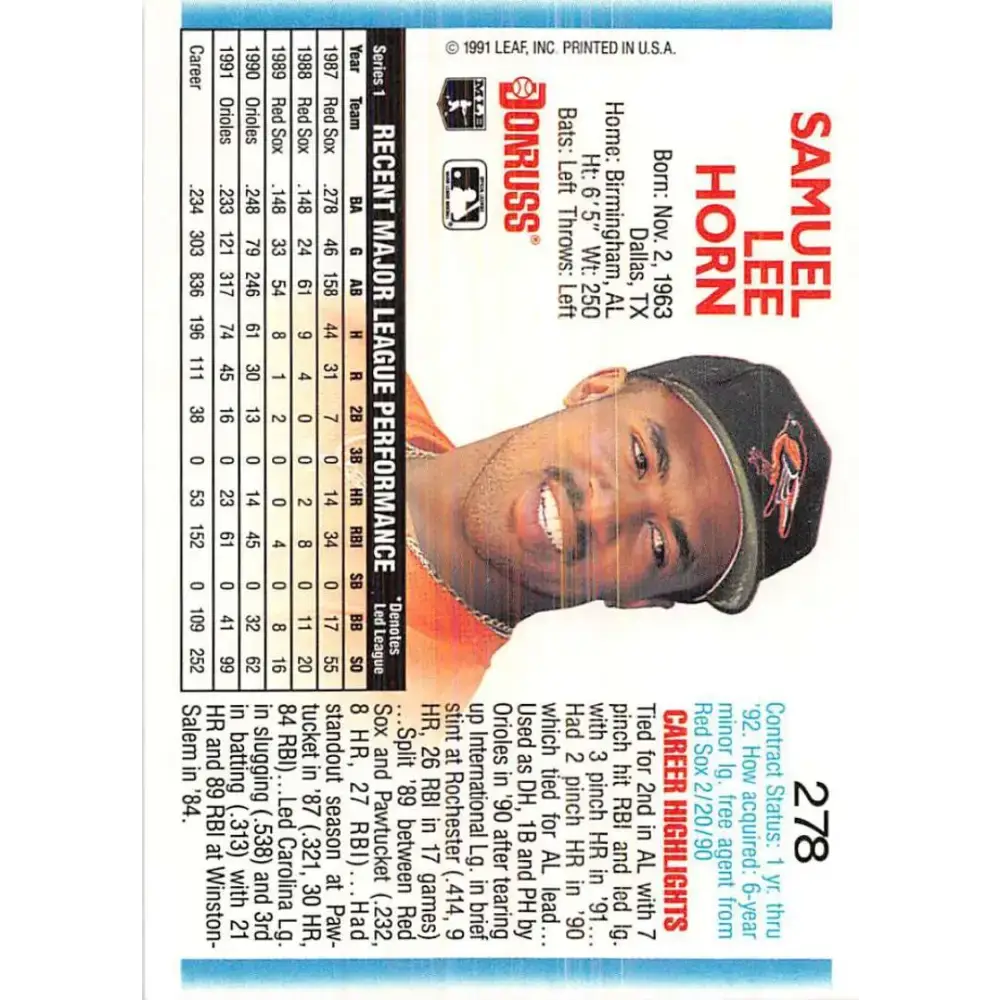 1992 Donruss #278 Sam Horn NM-MT Baltimore Orioles Baseball Card - Baseball Card Single