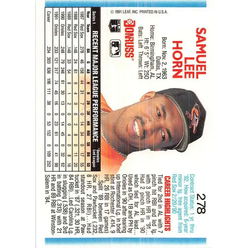 1992 Donruss #278 Sam Horn NM-MT Baltimore Orioles Baseball Card - Baseball Card Single