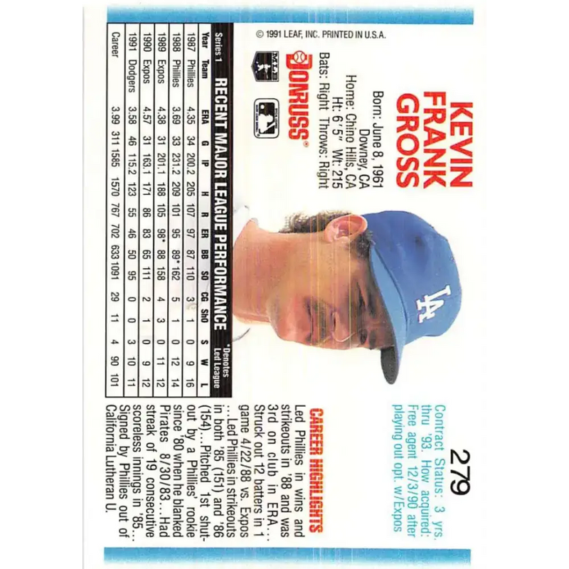 1992 Donruss #279 Kevin Gross NM-MT Los Angeles Dodgers Baseball Card - Baseball Card Single