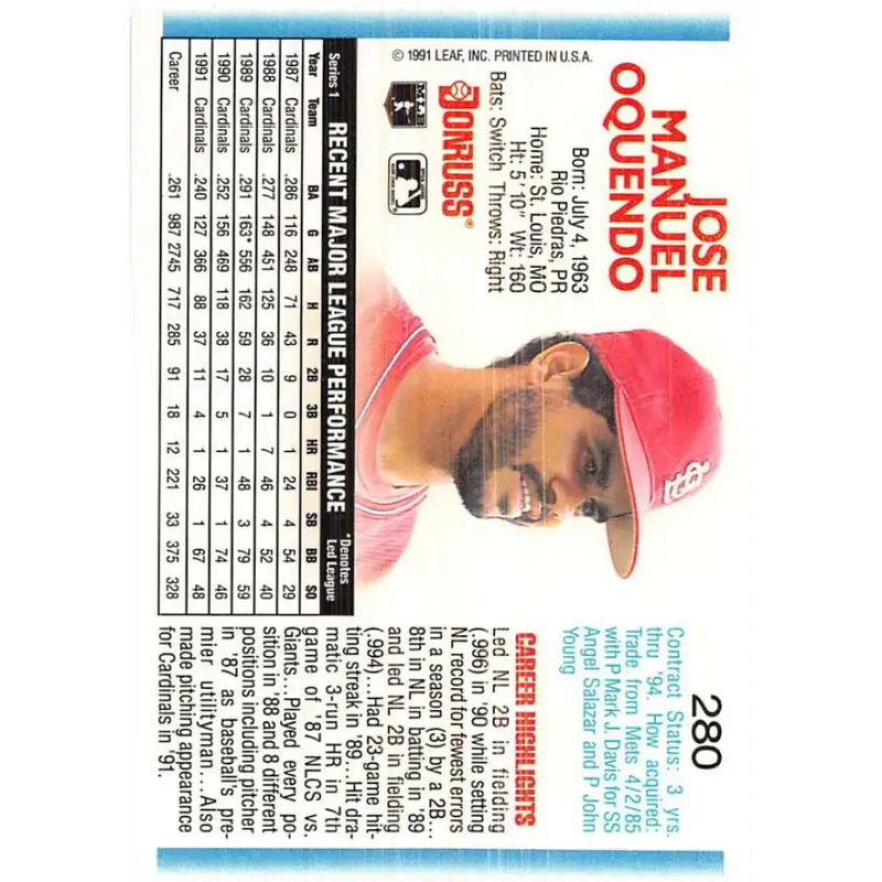 1992 Donruss #280 Jose Oquendo NM-MT St. Louis Cardinals Baseball Card - Baseball Card Single