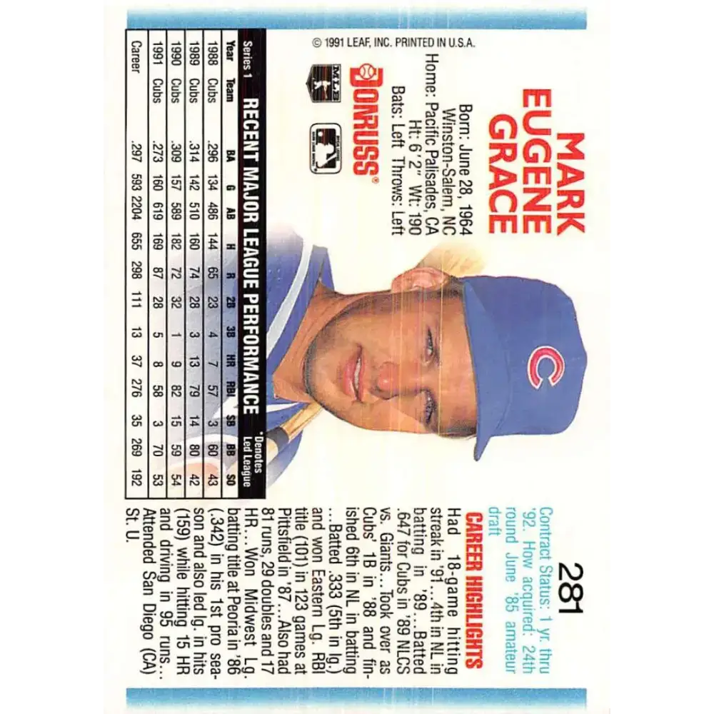 1992 Donruss #281 Mark Grace NM-MT Chicago Cubs Baseball Card - Baseball Card Single