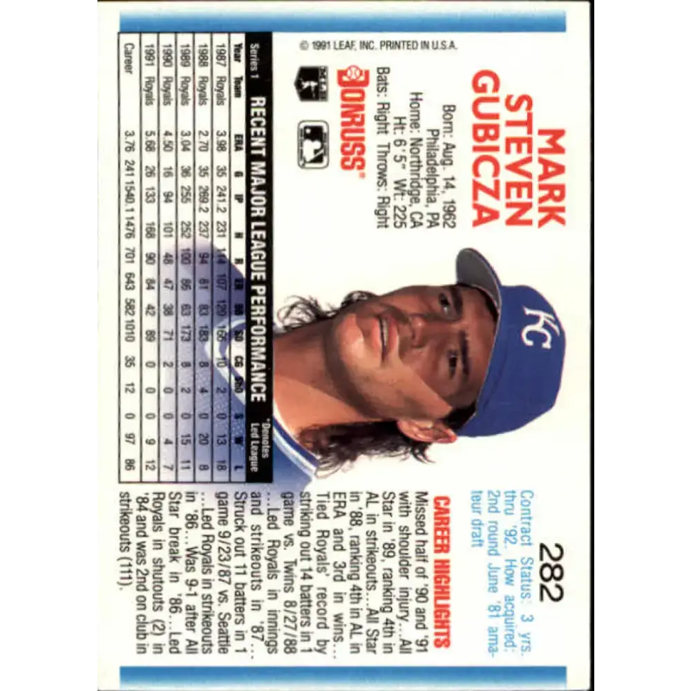 1992 Donruss #282 Mark Gubicza NM-MT Kansas City Royals Baseball Card - Baseball Card Single