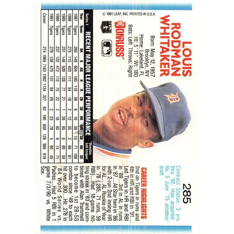1992 Donruss #285 Lou Whitaker NM-MT Detroit Tigers Baseball Card - Baseball Card Single