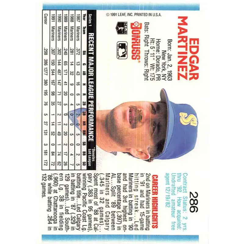 1992 Donruss #286 Edgar Martinez NM-MT Seattle Mariners Baseball Card - Baseball Card Single