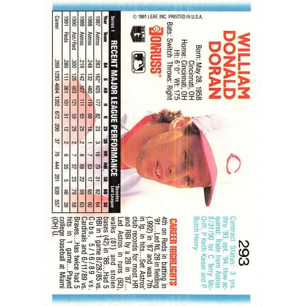 1992 Donruss #293 Bill Doran NM-MT Cincinnati Reds Baseball Card - Baseball Card Single