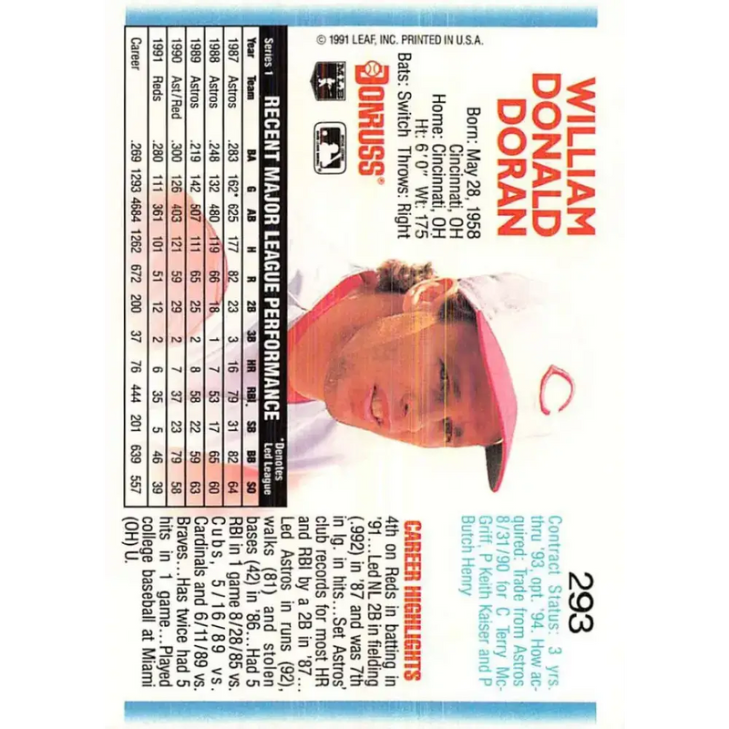 1992 Donruss #293 Bill Doran NM-MT Cincinnati Reds Baseball Card - Baseball Card Single
