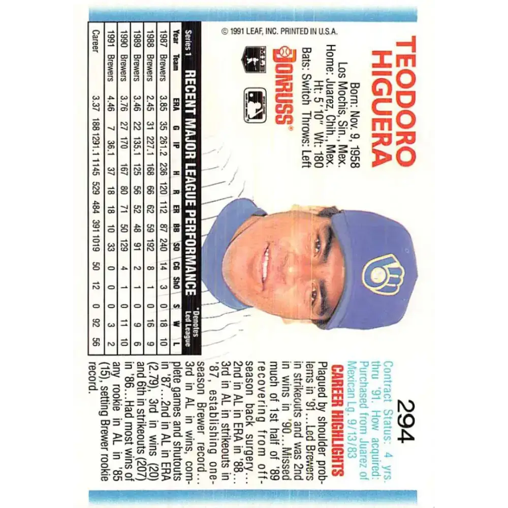 1992 Donruss #294 Teddy Higuera NM-MT Milwaukee Brewers Baseball Card - Baseball Card Single