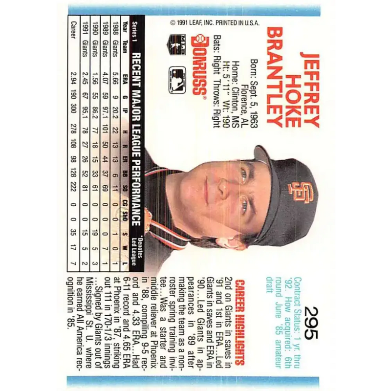 1992 Donruss #295 Jeff Brantley NM-MT San Francisco Giants Baseball Card - Baseball Card Single