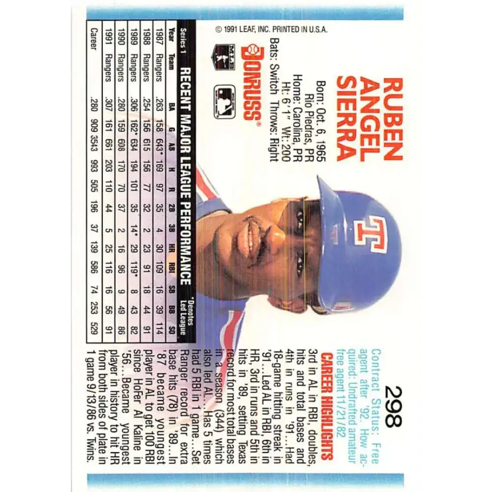 1992 Donruss #298 Ruben Sierra NM-MT Texas Rangers Baseball Card - Baseball Card Single