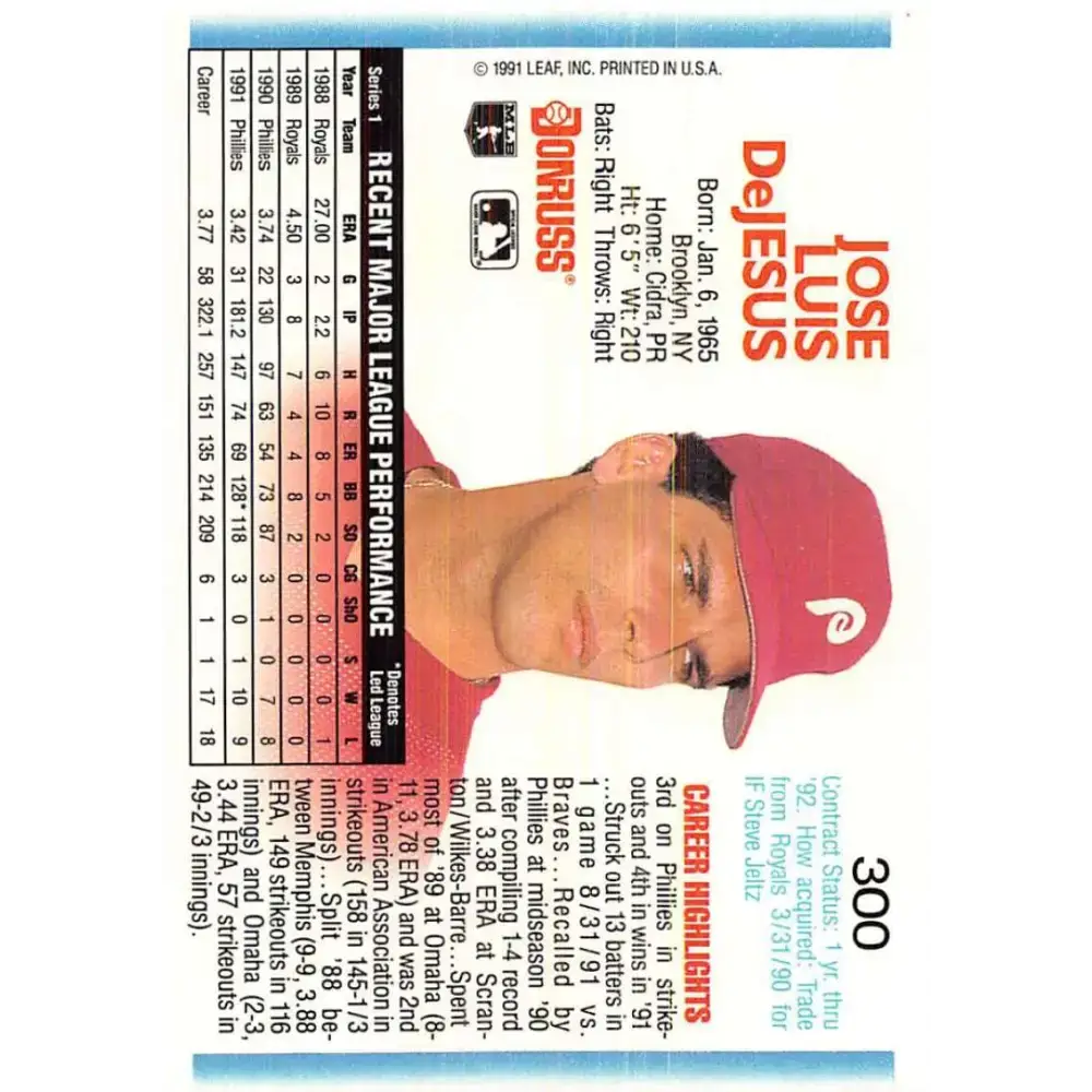 1992 Donruss #300 Jose DeJesus NM-MT Philadelphia Phillies Baseball Card - Baseball Card Single