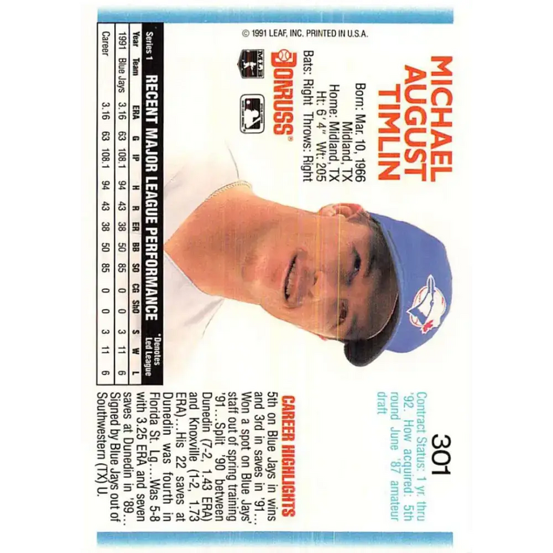 1992 Donruss #301 Mike Timlin NM-MT Toronto Blue Jays Baseball Card - Baseball Card Single