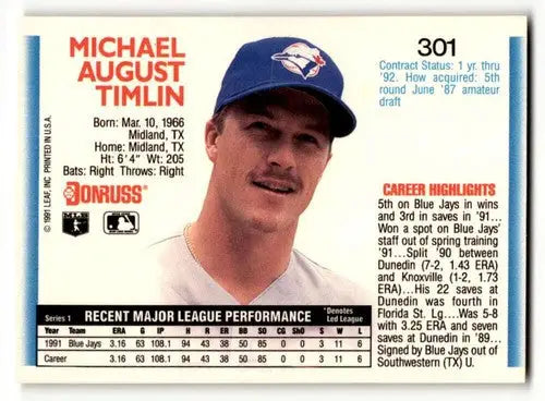 1992 Donruss #301 Mike Timlin Toronto Blue Jays Baseball Cards EX/NM ID:54847 - Baseball Card Single