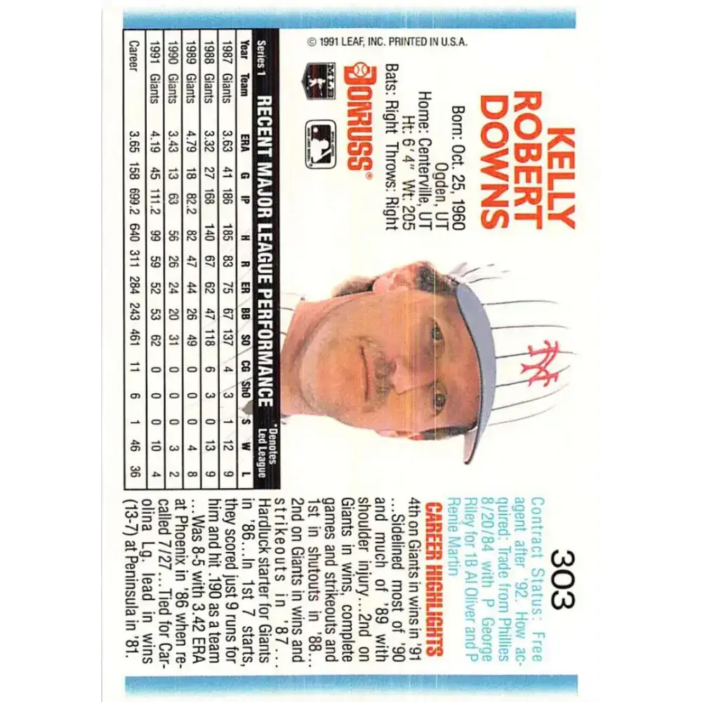 1992 Donruss #303 Kelly Downs NM-MT San Francisco Giants Baseball Card - Baseball Card Single