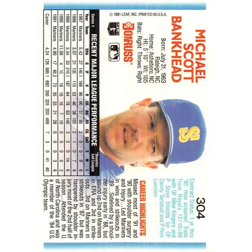 1992 Donruss #304 Scott Bankhead NM-MT Seattle Mariners Baseball Card - Baseball Card Single