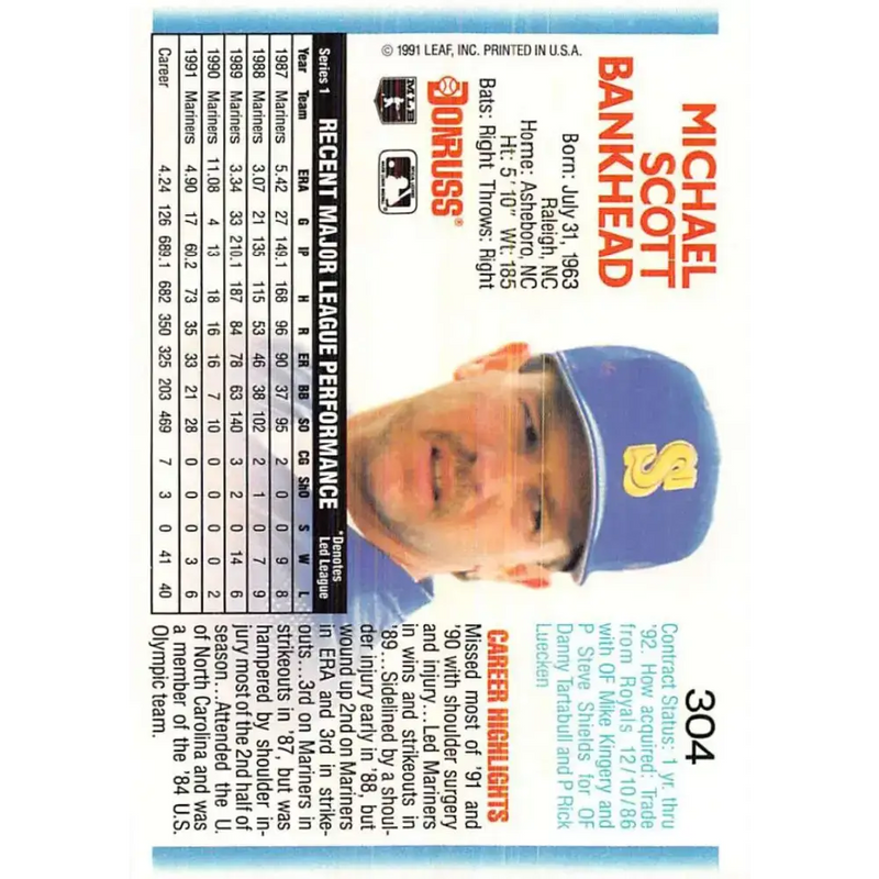 1992 Donruss #304 Scott Bankhead NM-MT Seattle Mariners Baseball Card - Baseball Card Single