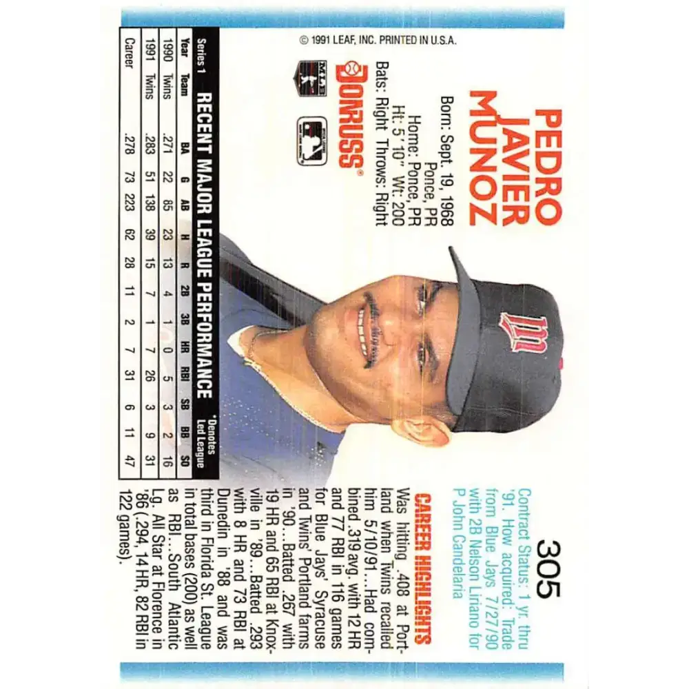 1992 Donruss #305 Pedro Munoz NM-MT Minnesota Twins Baseball Card - Baseball Card Single