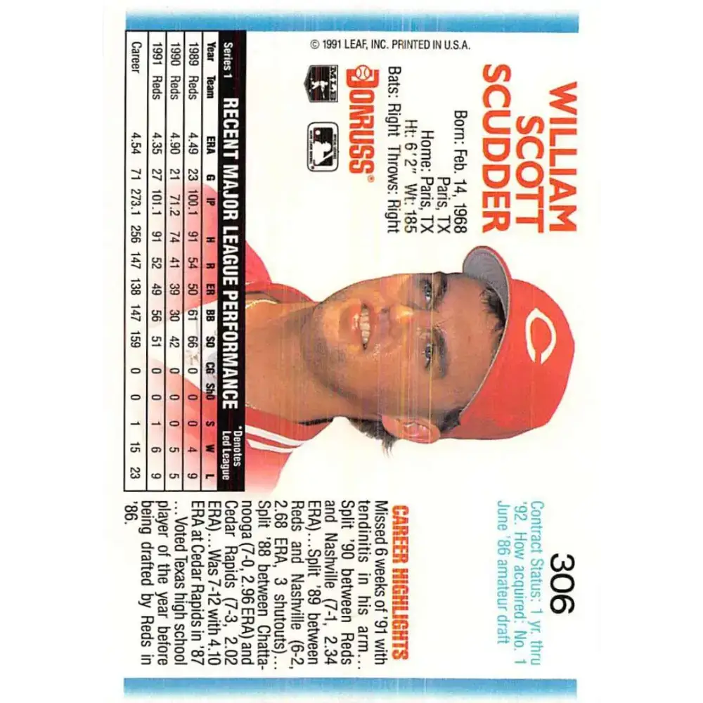 1992 Donruss #306 Scott Scudder NM-MT Cincinnati Reds Baseball Card - Baseball Card Single