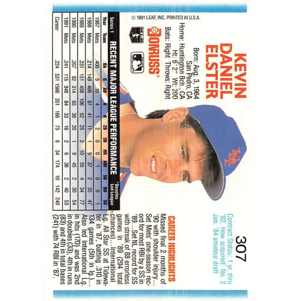 1992 Donruss #307 Kevin Elster NM-MT New York Mets Baseball Card - Baseball Card Single