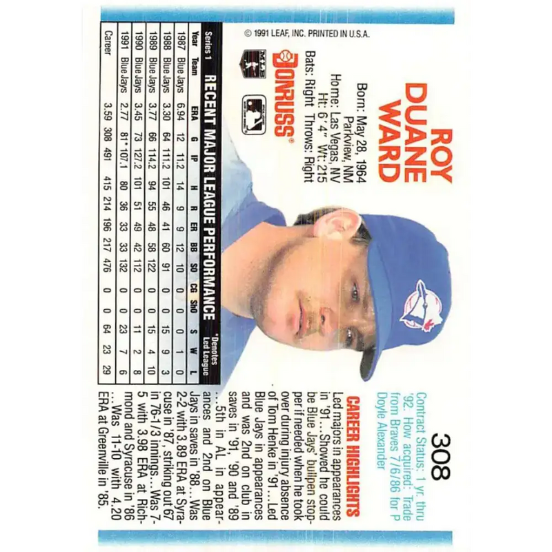 1992 Donruss #308 Duane Ward NM-MT Toronto Blue Jays Baseball Card - Baseball Card Single
