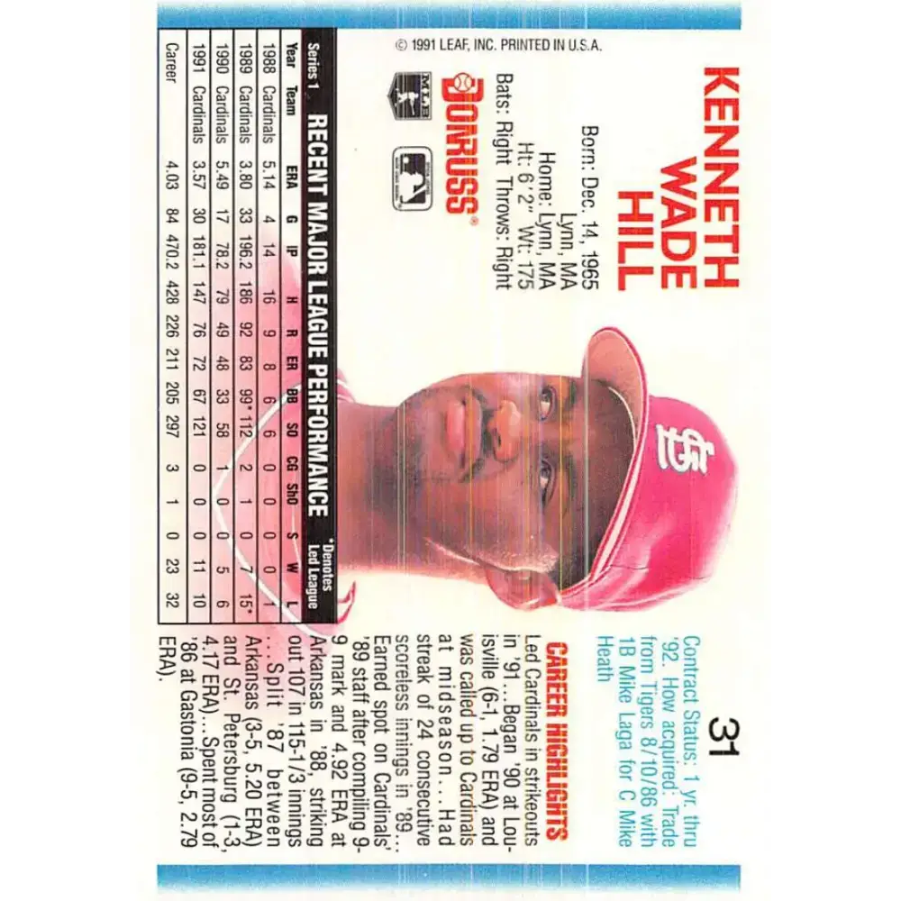1992 Donruss #31 Ken Hill NM-MT St. Louis Cardinals Baseball Card - Baseball Card Single