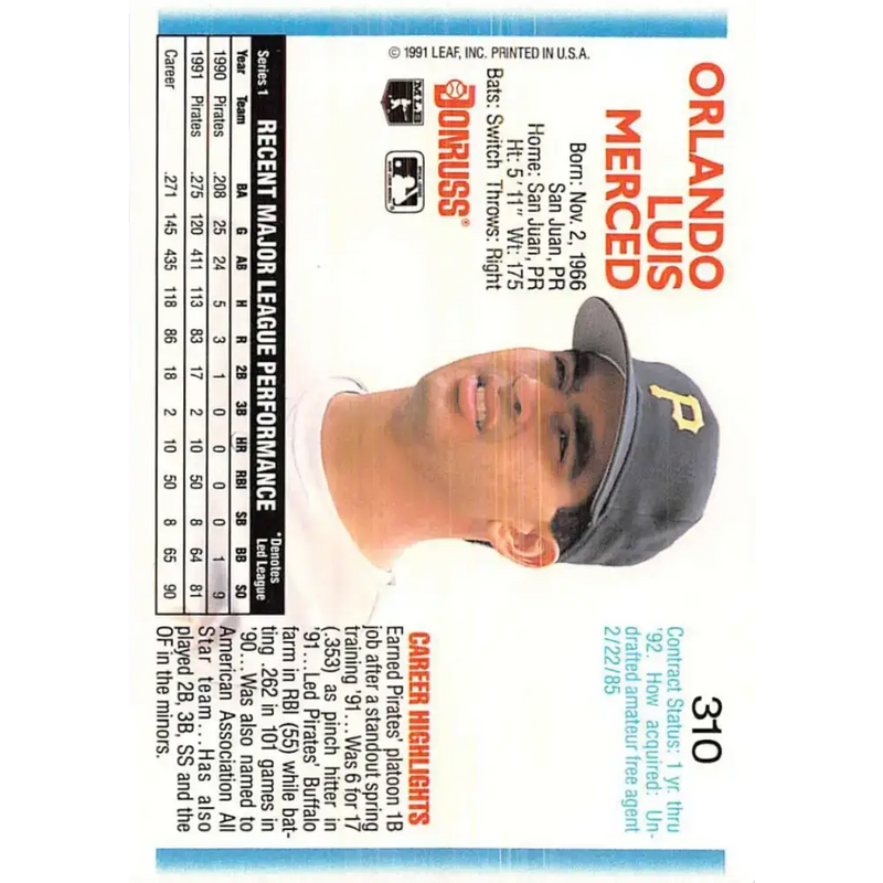 1992 Donruss #310 Orlando Merced NM-MT Pittsburgh Pirates Baseball Card - Baseball Card Single