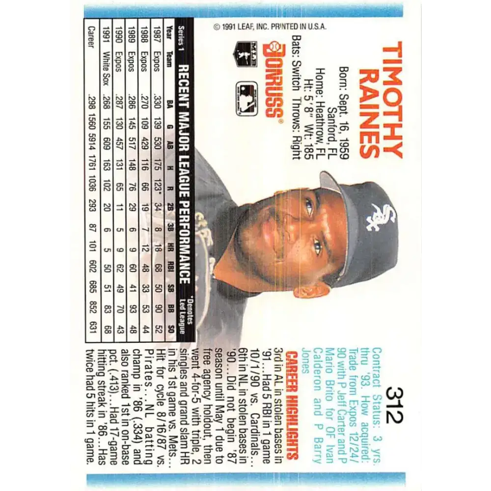 1992 Donruss #312 Tim Raines NM-MT Chicago White Sox Baseball Card - Baseball Card Single