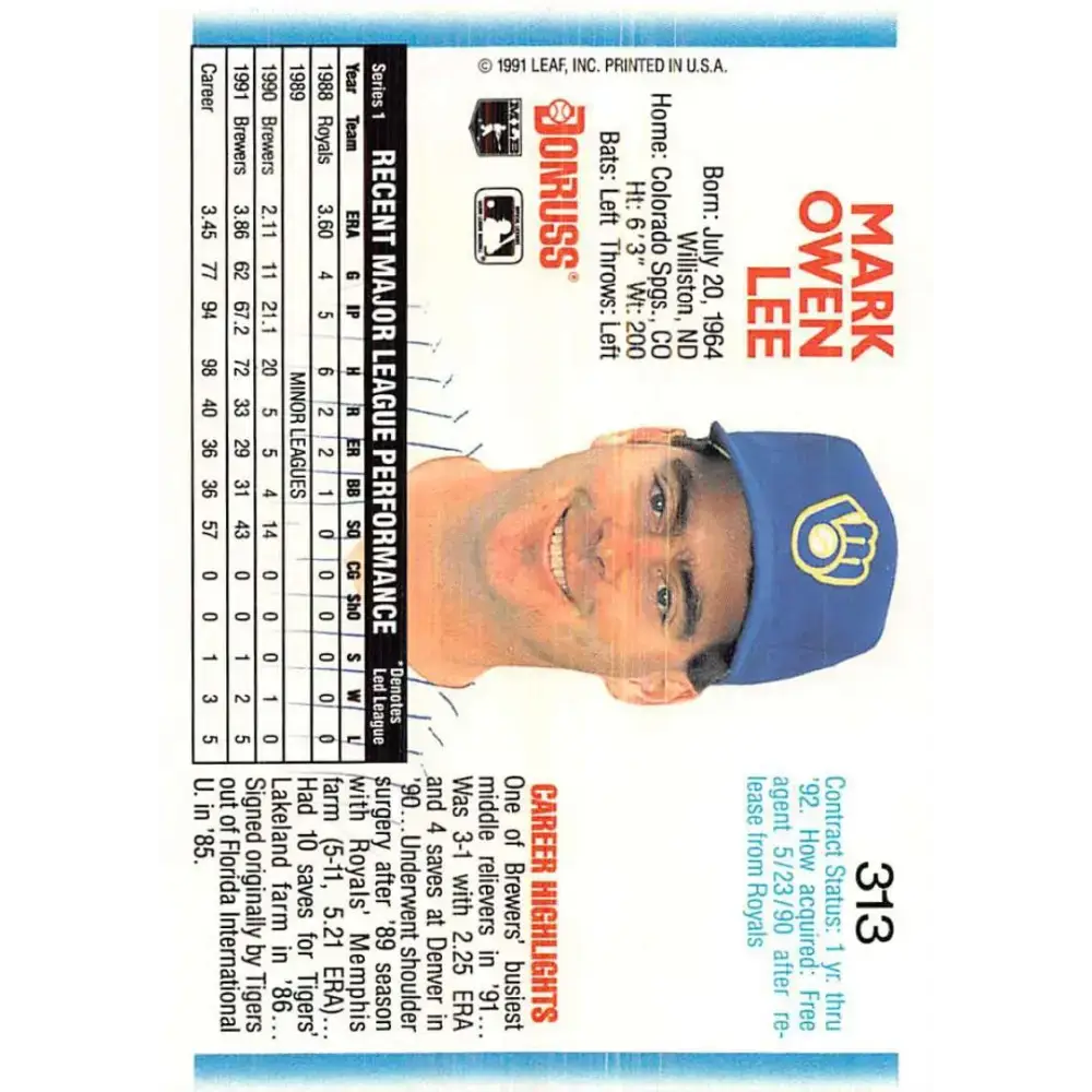 1992 Donruss #313 Mark Lee NM-MT Milwaukee Brewers Baseball Card - Baseball Card Single