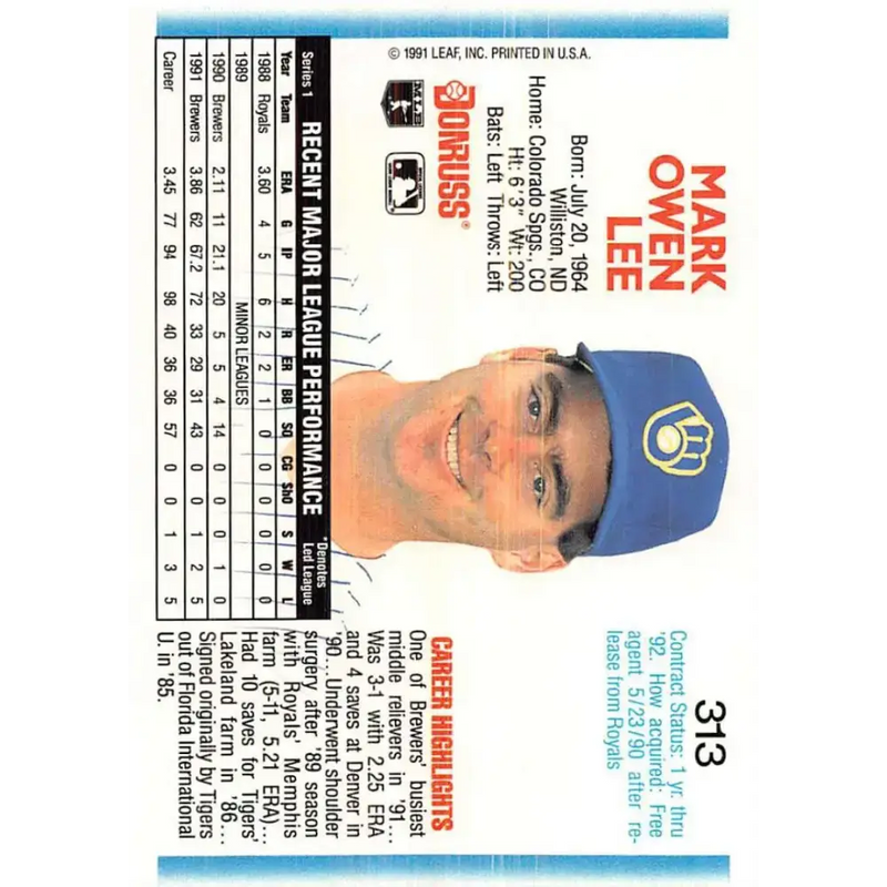 1992 Donruss #313 Mark Lee NM-MT Milwaukee Brewers Baseball Card - Baseball Card Single