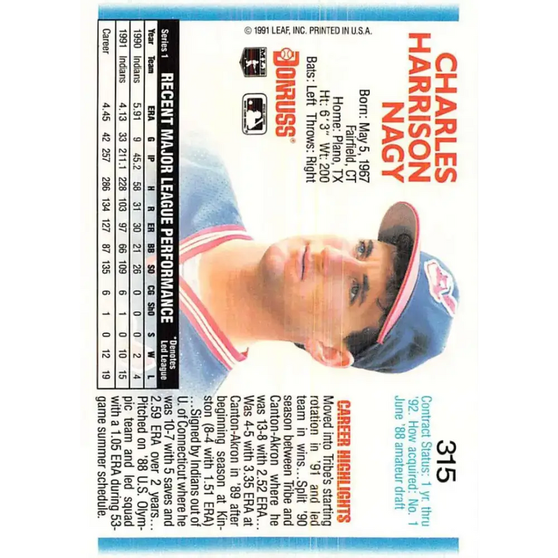1992 Donruss #315 Charles Nagy NM-MT Cleveland Indians Baseball Card - Baseball Card Single