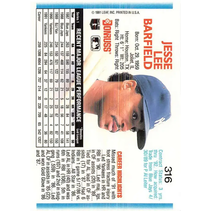 1992 Donruss #316 Jesse Barfield NM-MT New York Yankees Baseball Card - Baseball Card Single