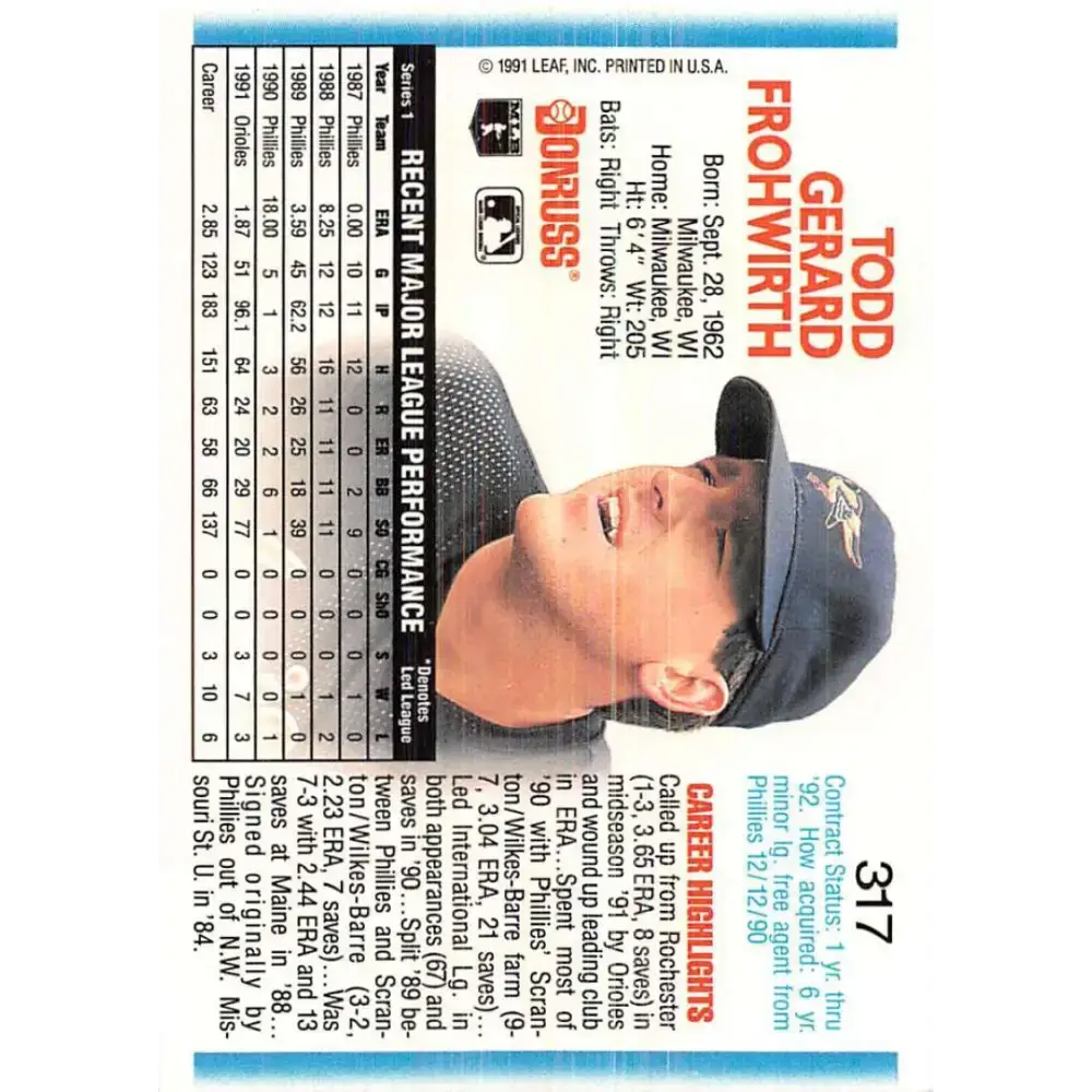 1992 Donruss #317 Todd Frohwirth NM-MT Baltimore Orioles Baseball Card - Baseball Card Single