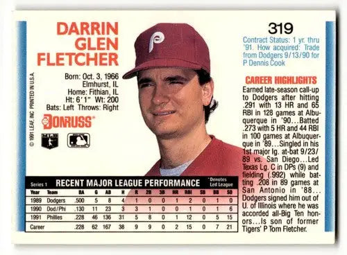 1992 Donruss #319 Darrin Fletcher Philadelphia Phillies Baseball Car ID:54621 - Baseball Card Single