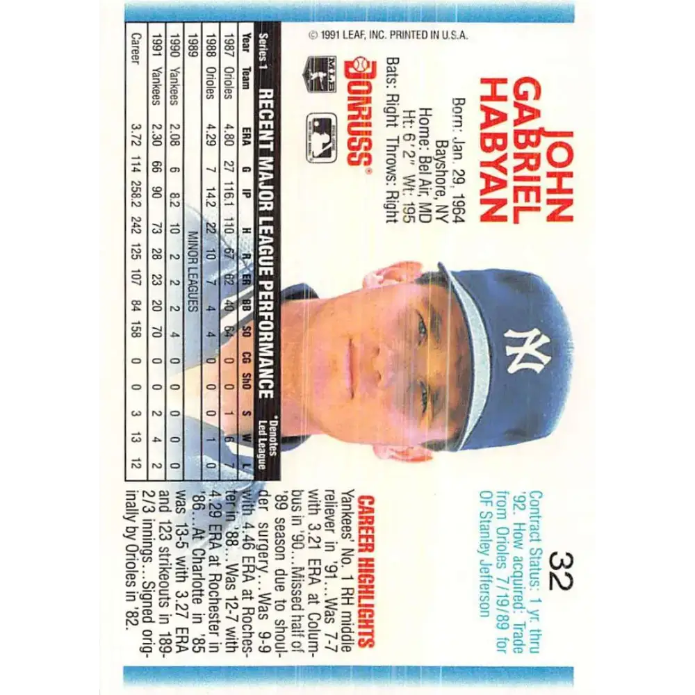 1992 Donruss #32 John Habyan NM-MT New York Yankees Baseball Card - Baseball Card Single