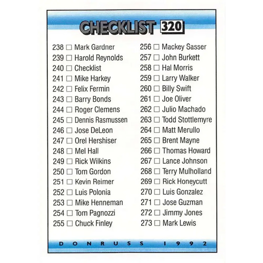1992 Donruss #320 Checklist 238-316 NM-MT Checklist Baseball Card - Baseball Card Single