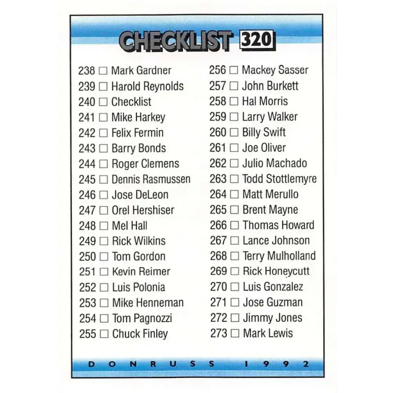 1992 Donruss #320 Checklist 238-316 NM-MT Checklist Baseball Card - Baseball Card Single