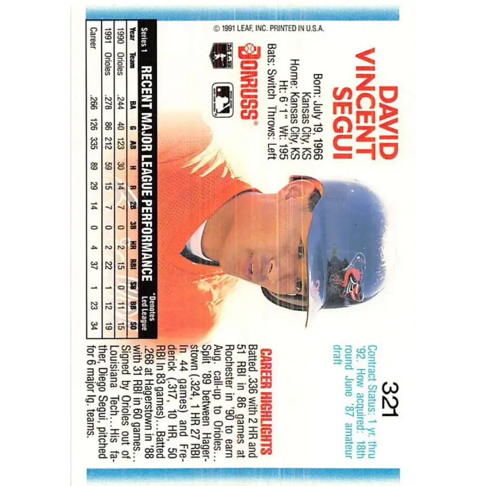 1992 Donruss #321 David Segui NM-MT Baltimore Orioles Baseball Card - Baseball Card Single
