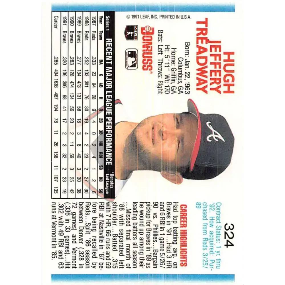 1992 Donruss #324 Jeff Treadway NM-MT Atlanta Braves Baseball Card - Baseball Card Single