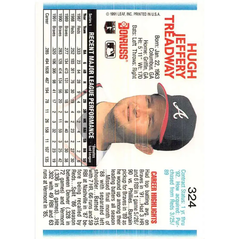 1992 Donruss #324 Jeff Treadway NM-MT Atlanta Braves Baseball Card - Baseball Card Single