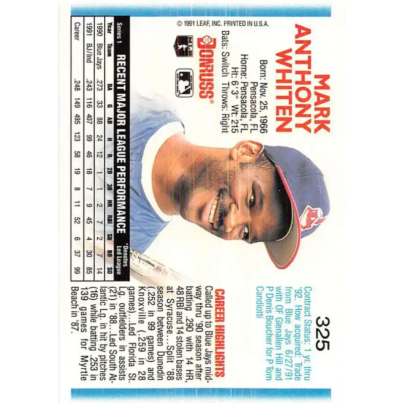 1992 Donruss #325 Mark Whiten NM-MT Cleveland Indians Baseball Card - Baseball Card Single