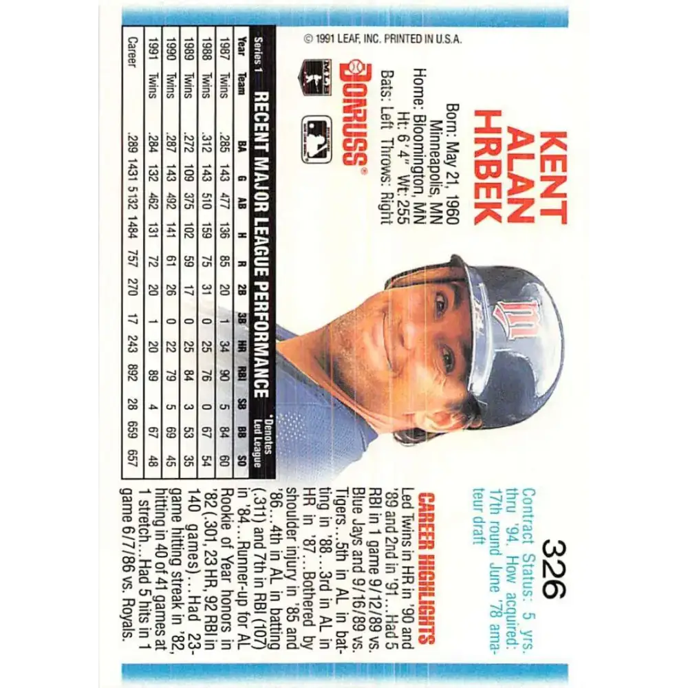 1992 Donruss #326 Kent Hrbek NM-MT Minnesota Twins Baseball Card - Baseball Card Single