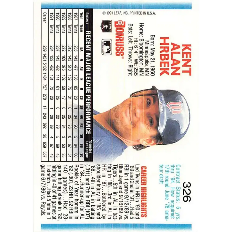 1992 Donruss #326 Kent Hrbek NM-MT Minnesota Twins Baseball Card - Baseball Card Single