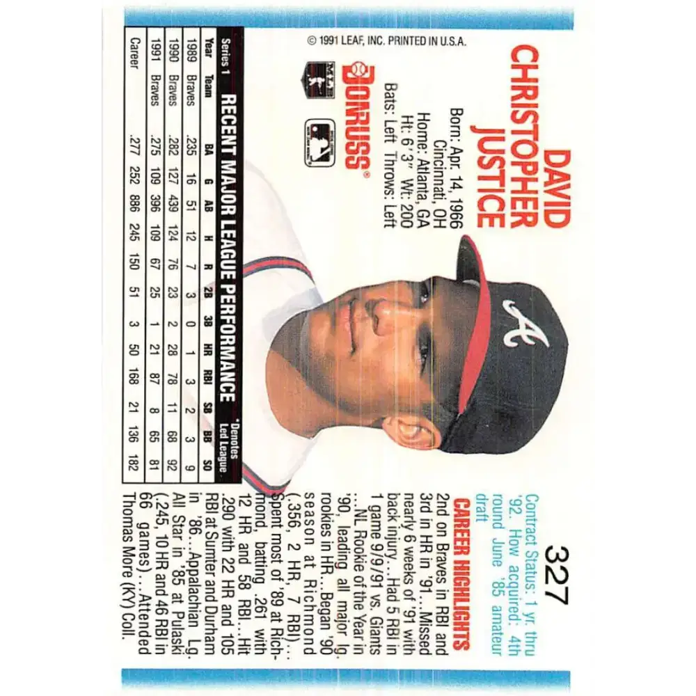 1992 Donruss #327 David Justice NM-MT Atlanta Braves Baseball Card - Baseball Card Single